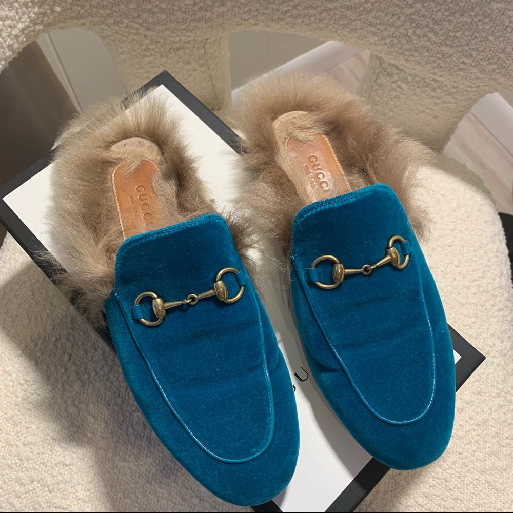 GUCCI PRINCETOWN TEAL VELVET LOAFER WITH FUR! SZ 37!